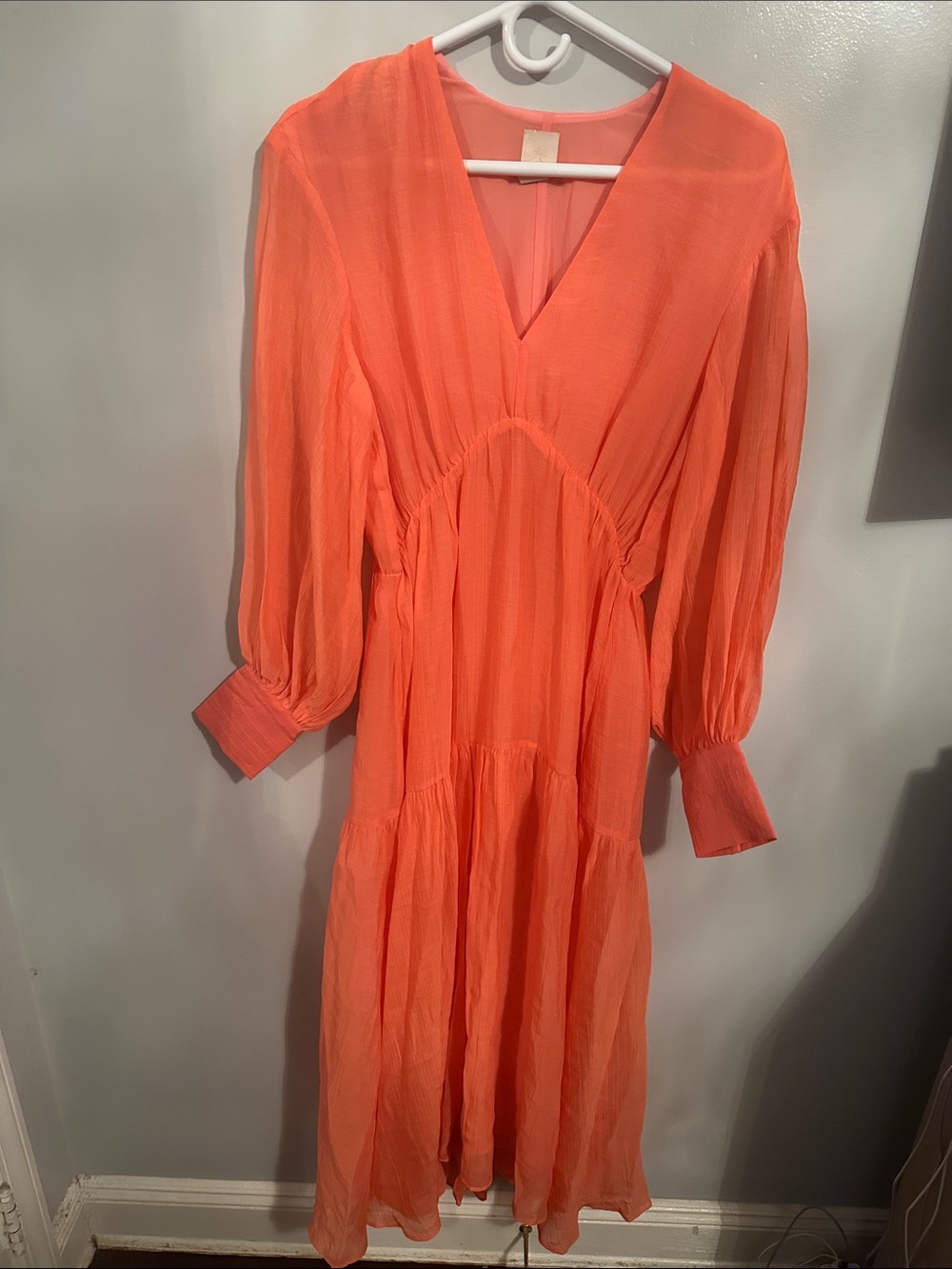H&M Coral-Orange V-Neck Long Sleeve Tiered Dress